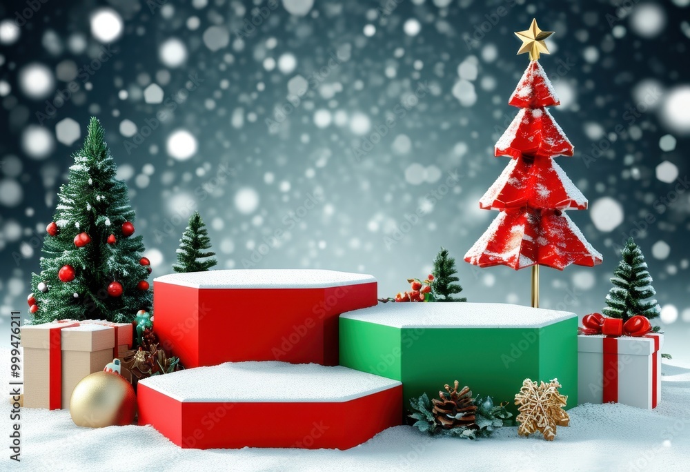 Festive 3D Christmas podiums with toy-inspired designs, featuring empty surfaces and diverse holiday decorations Festive 3D Christmas podiums with toy-inspired designs, featuring empty surfaces and diverse holiday decorations