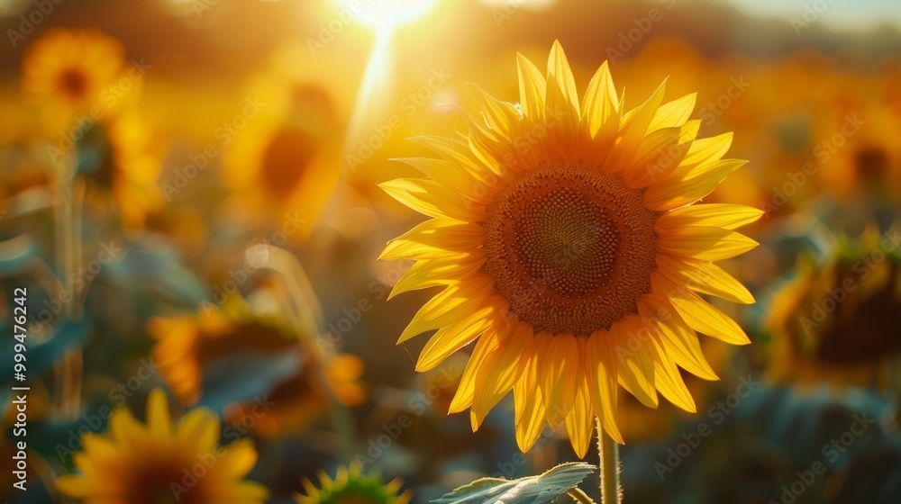 Fototapeta premium Blooming sunflower brightly lit by the morning sun. Close-up. Sunflower field 