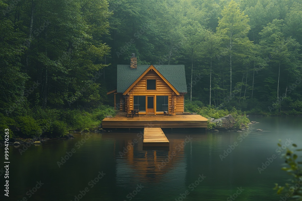 Obraz premium A wooden cabin on a lake in the woods with a wooden dock.