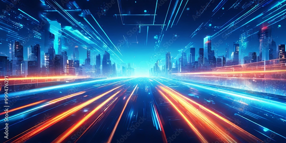 A cityscape with a bright blue sky and orange and red streaks A cityscape with a bright blue sky and orange and red streaks