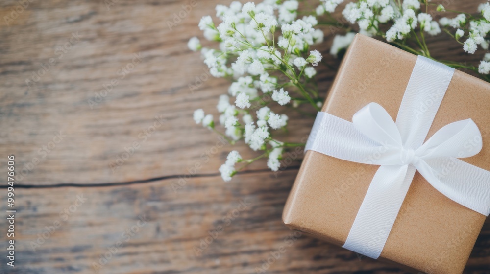 An elegant gift box with a white ribbon sits beside fresh flowers, creating a charming and inviting display on a wooden table An elegant gift box with a white ribbon sits beside fresh flowers, creating a charming and inviting display on a wooden table