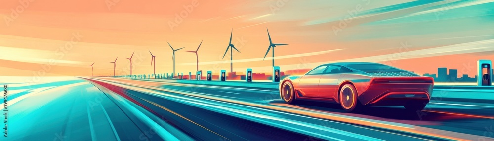 Obraz premium Futuristic electric car driving on a vibrant highway with wind turbines, showcasing innovation and eco-friendly travel.