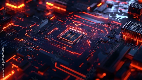 Microprocessor chipset central processor unit on the illumination circuit computer mainboard. Cyber and futuristic concept, hardware, AI, electronics and technology, with copy space.