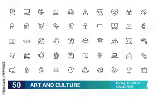 Art and culture line icons collection. History and culture icon pack. Museum, buildings, music, entertainment icons. Thin outline icons pack. Vector illustration