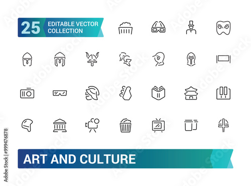 Art and culture line icons collection. History and culture icon pack. Museum, buildings, music, entertainment icons. Thin outline icons pack. Vector illustration