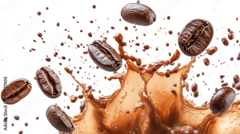 Coffee Splash with Beans on White Background Coffee Splash with Beans on White Background