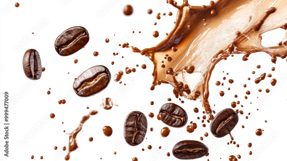 Coffee Splash with Beans on White Background Coffee Splash with Beans on White Background