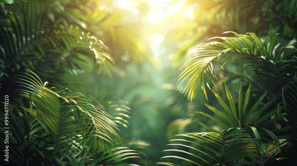 Blur background of dense tropical jungle with palm trees. Realistic 3D render of an exotic forest. Wilderness exploration and tropical flora concept. Tropical forest surrounded with palm tree. Spate. Blur background of dense tropical jungle with palm trees. Realistic 3D render of an exotic forest. Wilderness exploration and tropical flora concept. Tropical forest surrounded with palm tree. Spate.