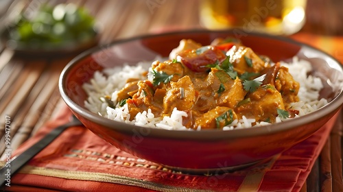 Obraz na płótnie Tasty bowl of chicken curry served over rice on a red dish w salonie