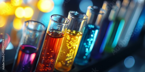 colorful chemical reactions in a test tube, with lab equipment providing a sterile backdrop.