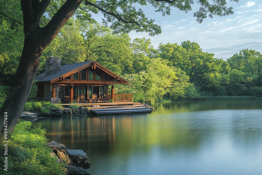 A wooden cabin with a large deck sits on the edge of a tranquil lake surrounded by lush greenery, under a clear blue sky. A wooden cabin with a large deck sits on the edge of a tranquil lake surrounded by lush greenery, under a clear blue sky.