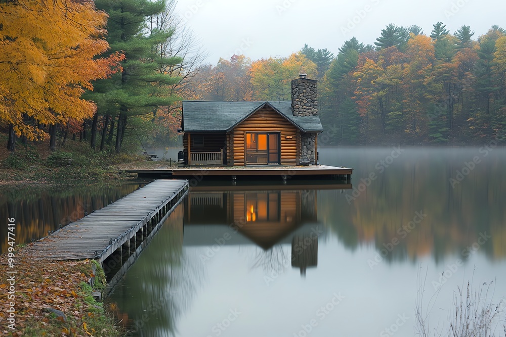 Fototapeta premium A wooden cabin with a stone chimney sits on a wooden dock over a still lake, surrounded by trees with autumn foliage and fog.