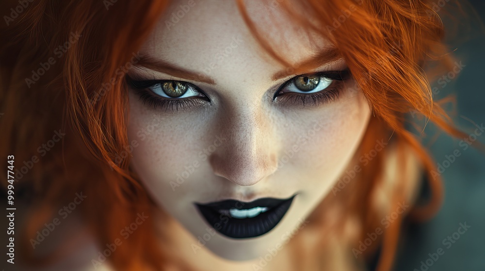 Fototapeta premium Striking portrait of a woman with fiery red hair and bold makeup