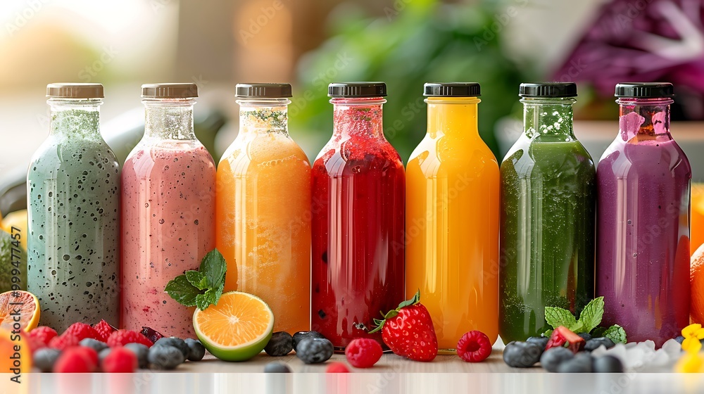 A colorful array of probiotic kefir smoothies in glass bottles, each filled with a different flavor and color. The bottles are arranged on a white countertop with a backdrop of fresh ingredients, 