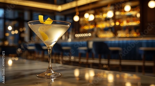 A classic Vesper Martini served in a sleek martini glass, with a twist of lemon peel. The glass is set on a polished bar counter with a backdrop of a sophisticated, modern lounge, 