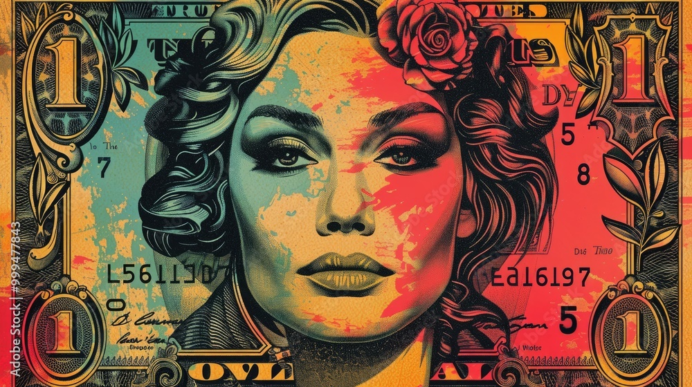 Obraz premium A woman's face is superimposed onto a US dollar bill, with colorful paint splatters. The image is a surreal and artistic representation of money and beauty.