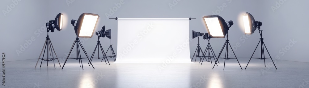 Professional photography studio setup with bright lights and empty backdrop ready for shooting high-quality images. Professional photography studio setup with bright lights and empty backdrop ready for shooting high-quality images.