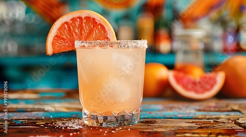 A classic Paloma cocktail served in a glass with a salt rim, garnished with a fresh grapefruit wedge. The glass is set on a rustic wooden table with a backdrop of a vibrant Mexican street market,  photo