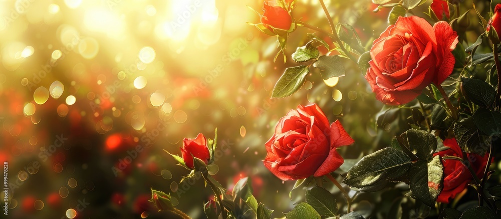 Obraz premium A Sprig Of Red Roses On A Background Of Leaves And Sunlight