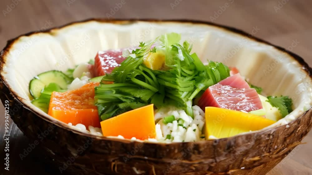 Top light slow motion video of vibrant poke in a coconut shell Top light slow motion video of vibrant poke in a coconut shell