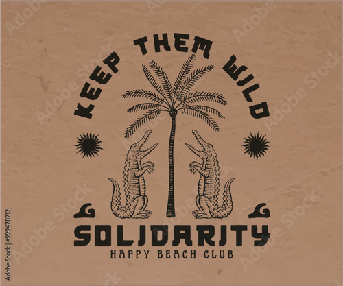 Vintage summer beach vector design, crocodile palm beach artwork for t shit, sticker, graphic print, one color tee print