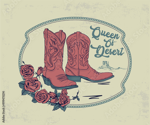 Western cowgirl vector design with typography, cowgirl boots with rose vector illustration, cowgirl vintage artwork for t shirt