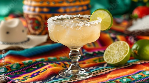 A classic Margarita served in a glass with a salt rim and a fresh lime wedge. The drink is placed on a bright, festive table with a backdrop of colorful Mexican décor,  photo