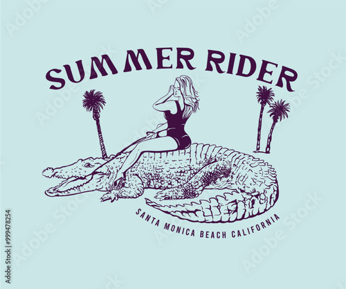 Summer beach graphic print design, girl riding crocodile vector art, palm beach artwork for t shirt, sticker, poster