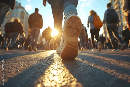 Group of People Walking in City Street During Protest March with Sunshine and Flare