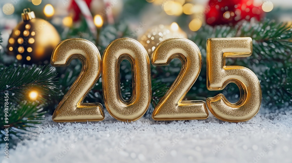 3D Font of text 2025 on New Year, Christmas ornament background 3D Font of text 2025 on New Year, Christmas ornament background