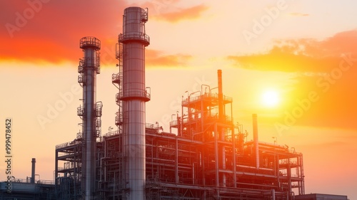 Silhouetted industrial plant at sunset, featuring smokestacks and vibrant sky colors, representing energy and manufacturing.