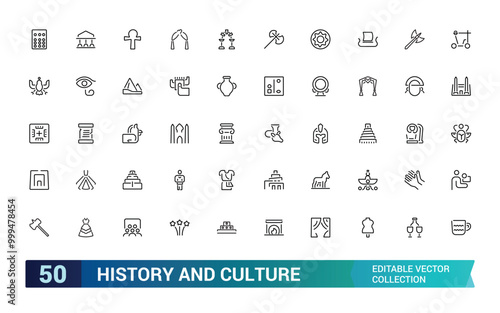 History And Culture line icons collection. web UI icons set in a flat design. Thin outline editable stroke icon set, Pixel perfect, vector illustration.