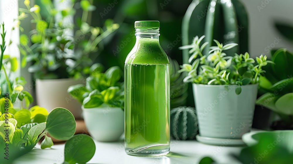 Vibrant green chlorophyll water served in a clear bottle, the bright green liquid glowing in the light. The bottle is set on a white countertop with a backdrop of fresh, green plants, Vibrant green chlorophyll water served in a clear bottle, the bright green liquid glowing in the light. The bottle is set on a white countertop with a backdrop of fresh, green plants,