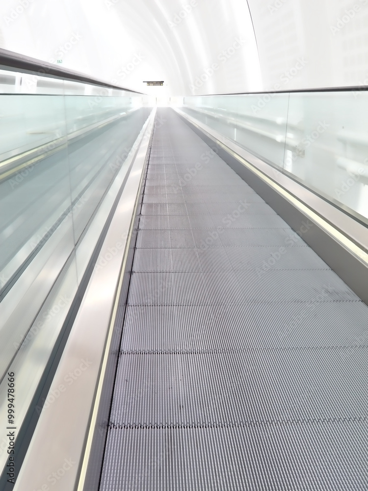Airport terminal, detail and architecture of building, escalator and entrance of structure, roof and design. Empty, ceiling and corridor in mockup space, clean and floor of lobby and perspective