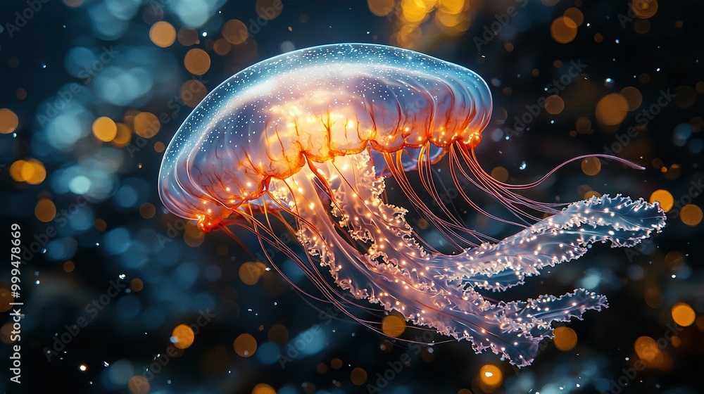 A close-up of a jellyfish in a body of water with lots of lights illuminating its head A close-up of a jellyfish in a body of water with lots of lights illuminating its head