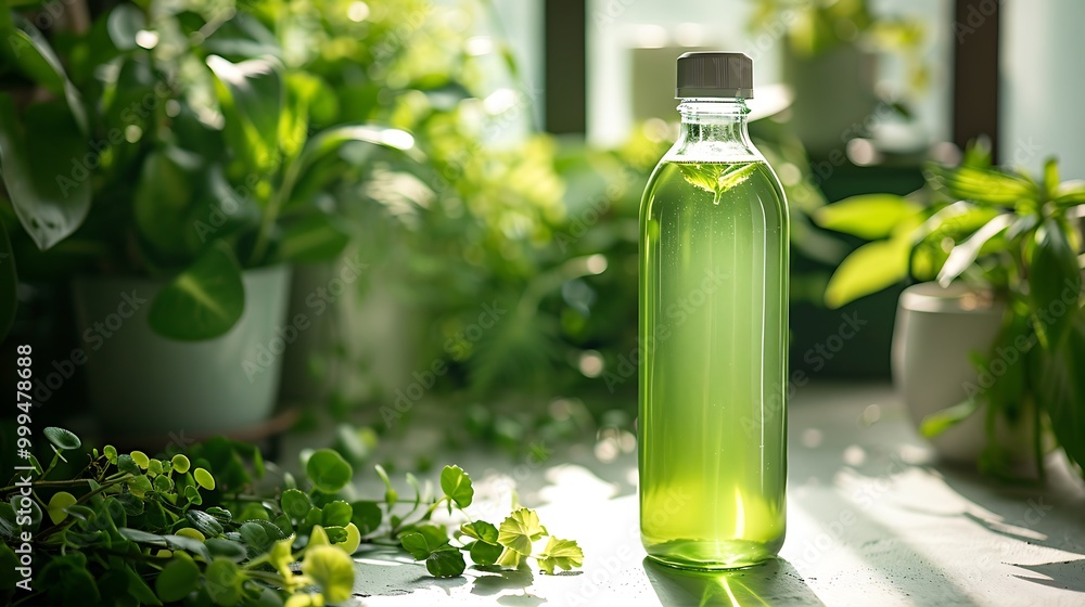Vibrant green chlorophyll water served in a clear bottle, the bright green liquid glowing in the light. The bottle is set on a white countertop with a backdrop of fresh, green plants, Vibrant green chlorophyll water served in a clear bottle, the bright green liquid glowing in the light. The bottle is set on a white countertop with a backdrop of fresh, green plants,