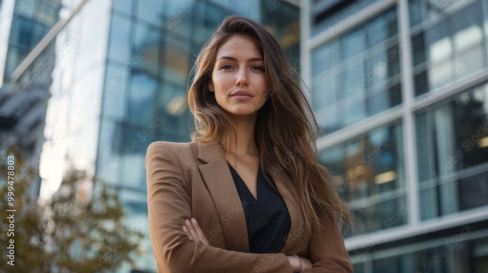 Confident Businesswoman in Chic Blazer Standing in Front of Modern Office Building Confident Businesswoman in Chic Blazer Standing in Front of Modern Office Building