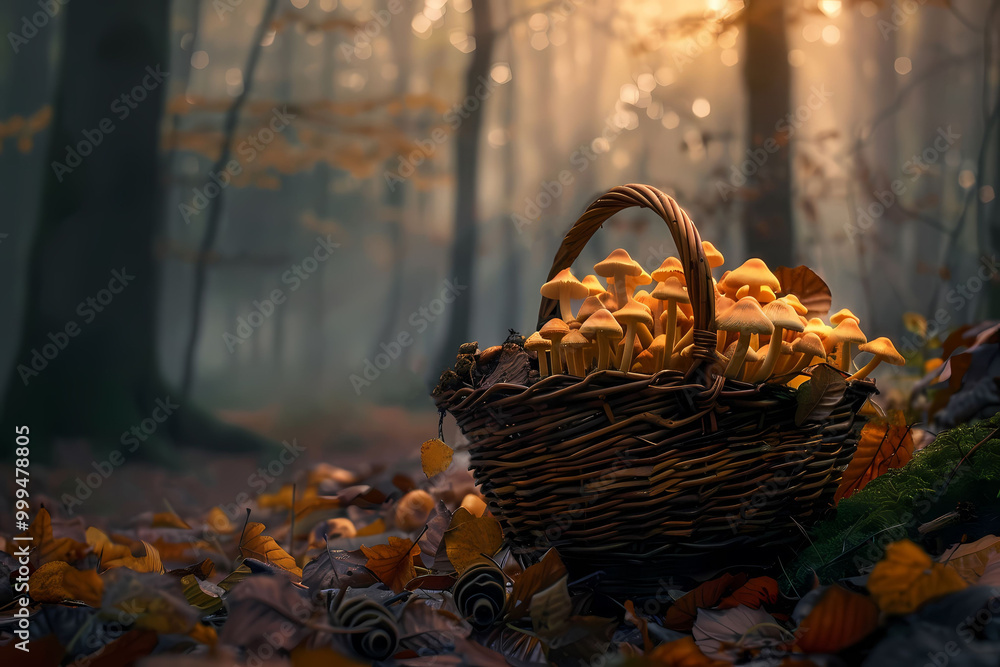 A wicker basket filled with white mushrooms sits on a forest floor covered in orange leaves, illuminated by soft, golden light filtering through the trees. A wicker basket filled with white mushrooms sits on a forest floor covered in orange leaves, illuminated by soft, golden light filtering through the trees.