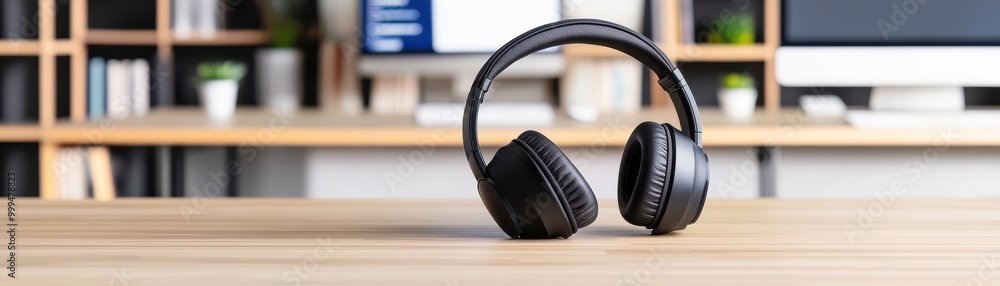 Stylish black headphones resting on a wooden desk, ideal for music lovers and tech enthusiasts in modern workspace. Stylish black headphones resting on a wooden desk, ideal for music lovers and tech enthusiasts in modern workspace.