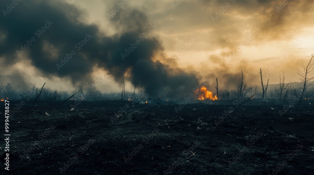 Obraz premium A desolate battlefield post-conflict, with lingering smoke curling into the air, embodying the eerie silence of victory or defeat amidst scattered debris and remnants of war