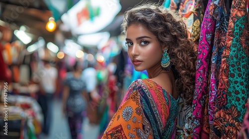 Vibrant Fashionista: Confident Model in Colorful Attire at a Lively Market