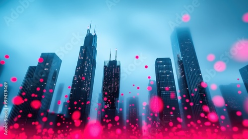 A futuristic cityscape with buildings lit up by wireless signals, showcasing the ubiquitous nature of wireless technology. photo