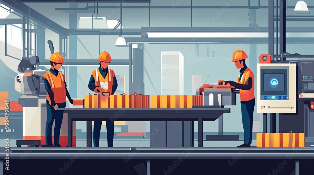 Workers in Safety Gear Operating Machinery in a Modern Industrial Factory Setting Workers in Safety Gear Operating Machinery in a Modern Industrial Factory Setting