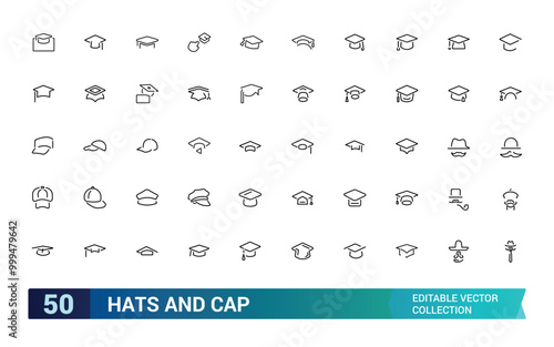 Hats And Cap Line icon collection, beanie, gentleman bowler, baseball cap, sun vizor, beret and more, Editable stroke icons set, Pixel perfect, vector illustration.