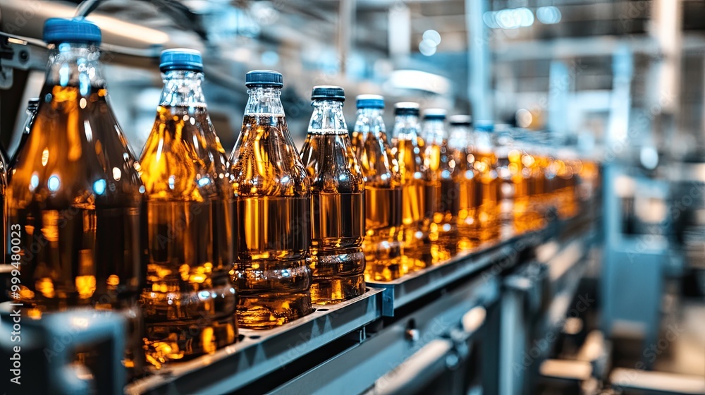 Automated Bottling Line in Modern Beverage Factory with Glass Bottles Filled with Amber Liquid Automated Bottling Line in Modern Beverage Factory with Glass Bottles Filled with Amber Liquid