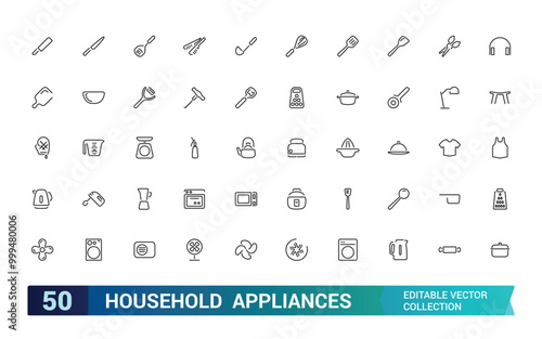 Household appliances icons set. Related to refrigerator, dishwasher, cooker, washing machine, gas stove, kitchen hood and more, Editable stroke.