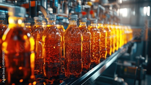 Bottling Line in Beverage Factory with Plastic Bottles Filled with Sparkling Drink on Conveyor Belt