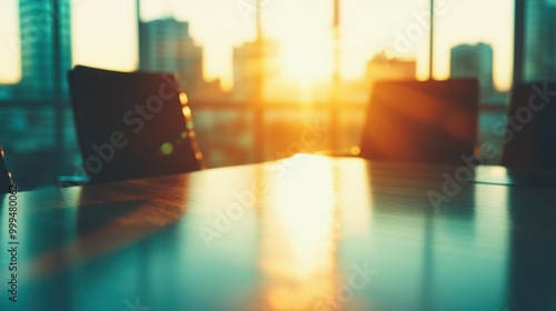 A group of professionals engages in a strategic session in a contemporary conference room as the sun sets behind the city