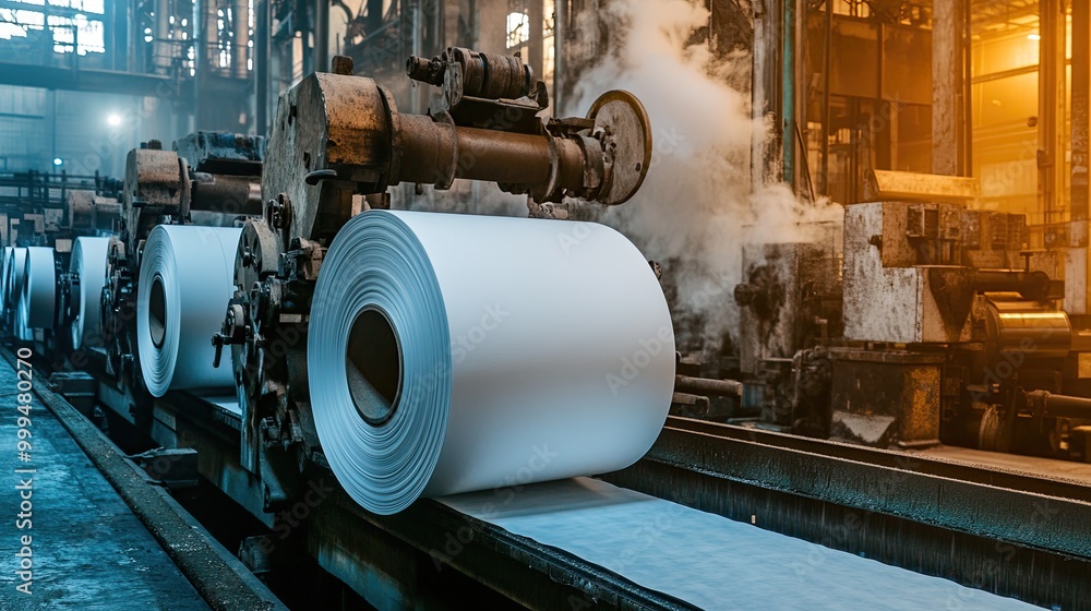 Industrial Paper Manufacturing Process with Large Rolls of Paper in Factory Setting Industrial Paper Manufacturing Process with Large Rolls of Paper in Factory Setting