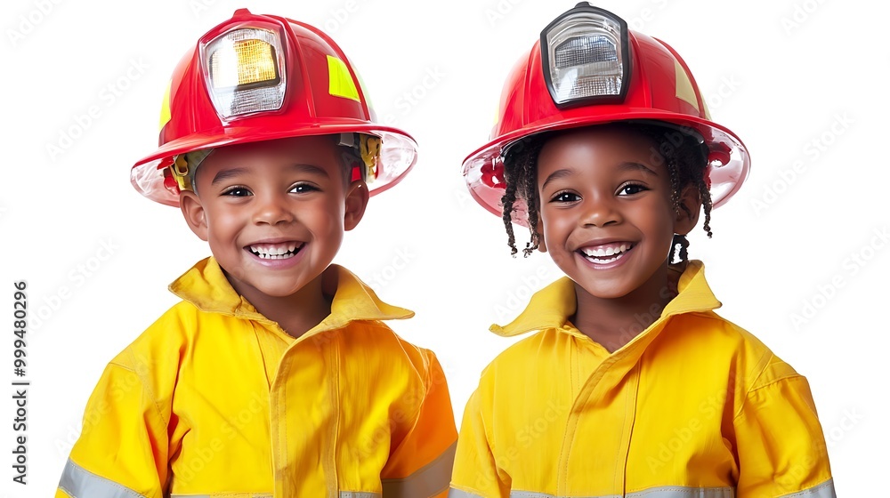 Fototapeta premium Cheerful young firefighters posing together in bright uniforms and helmets showcasing bravery and teamwork